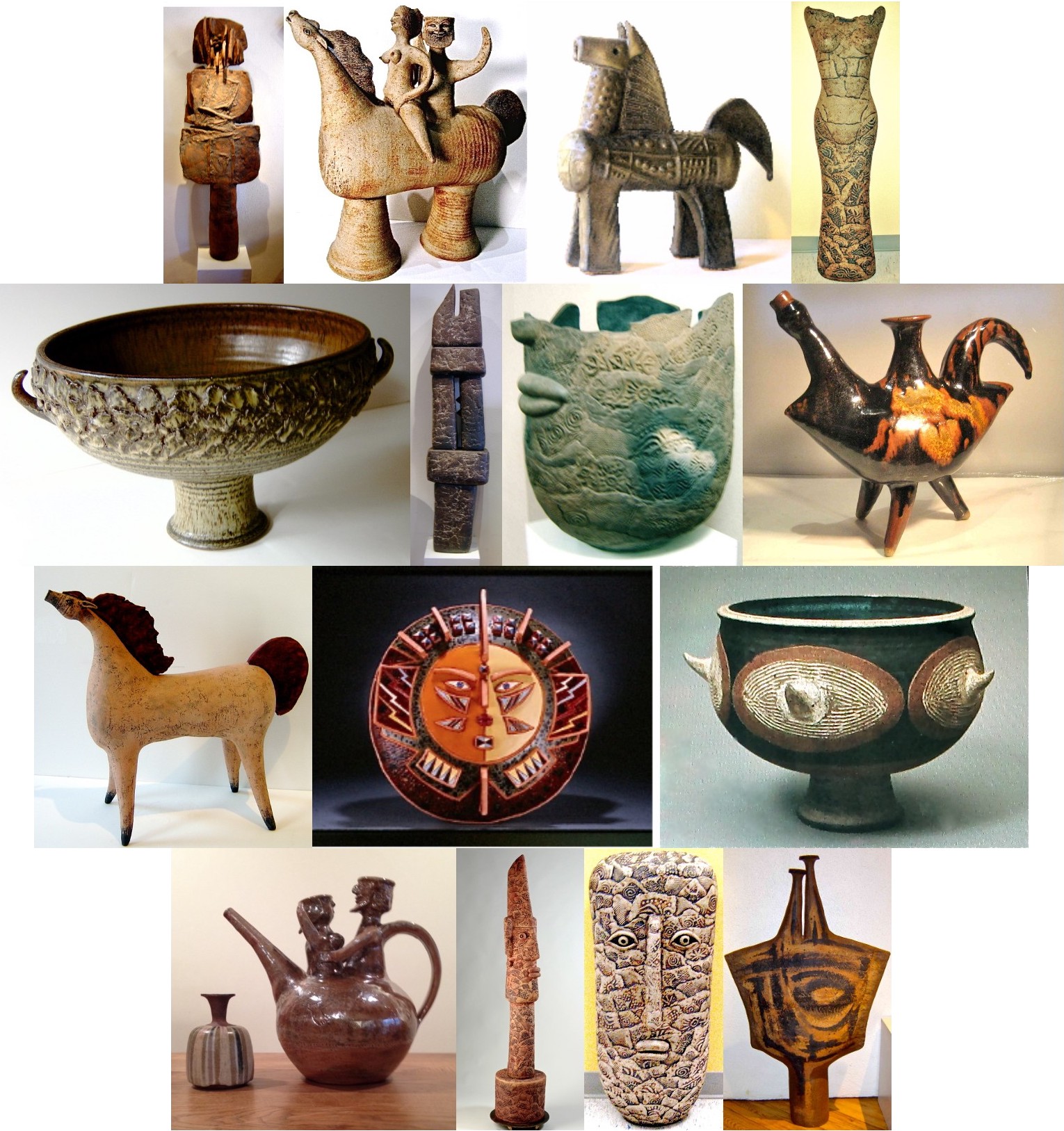 A big collage of many diverse works in clay by Louis Mendez.